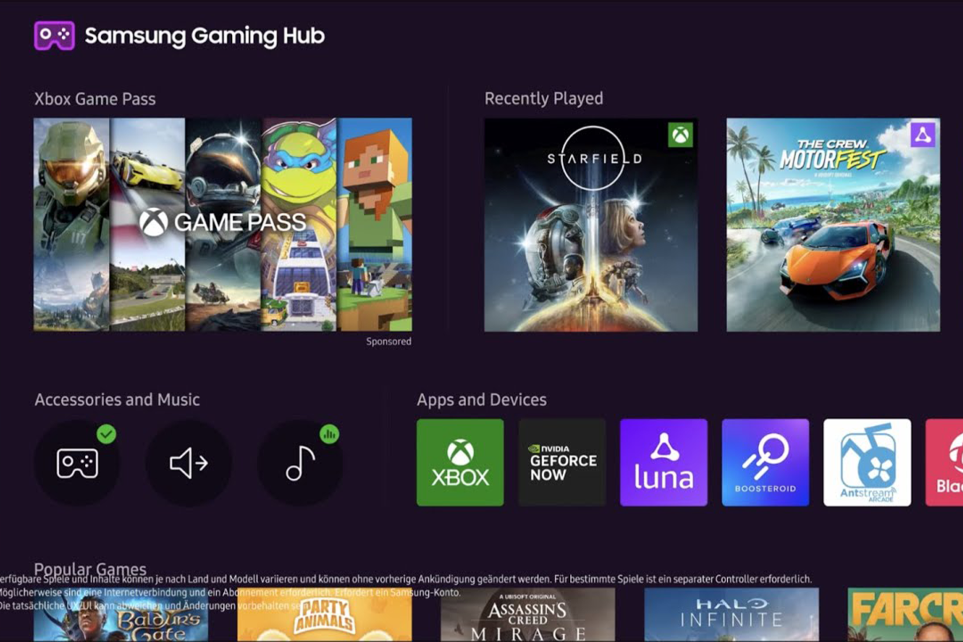Samsung QN95D Gaming Hub Oberfläche